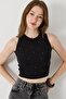 Women's Crew Neck Stone Detailed Crop Blouse Black - 3
