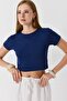 Women's Crew Neck Combed Cotton Crop Blouse Navy Blue - 2