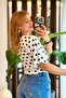 Women's Crew Neck Lycra Polka Dot Patterned Short Sleeve Blouse Navy Blue - 3
