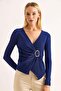 Women's Side Buckle Blouse Navy Blue - 2