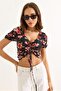 Patterned Princess Sleeve Front Gathered Blouse Black - 4