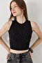 Women's Crew Neck Stone Detailed Crop Blouse Black - 2
