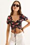 Patterned Princess Sleeve Front Gathered Blouse Black - 3