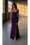 Purple Square Collar Stone Printed Strap Crepe Evening Dress 583425 - 3