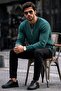 Men's Regular Striped Casual Green Knit Sweater - 2