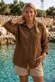 Cinnamon Color Shirt Collar 3/4 Sleeve Buttoned Casual Linen Look Long Back Woven Shirt 68 63 - 5