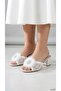 Women's Ecru Lace Detailed Stoned Bow Low Thick Heeled Bridal Slippers - 3