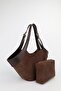 Women's Suede Brown Medium Size Makeup Bag with Belt Strap Detail, Hand and Shoulder Bag Lara - 5