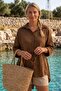 Cinnamon Color Shirt Collar 3/4 Sleeve Buttoned Casual Linen Look Long Back Woven Shirt 68 63