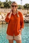 Orange Shirt Collar 3/4 Sleeve Buttoned Casual Linen Look Long Back Woven Shirt 68 63 - 8