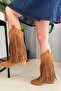 Women's Dakota Tan Suede Tasseled 5 cm Heeled Cowboy Boots - 6
