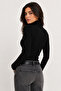 Women's Black Turtleneck Low-Cut Long Sleeve Slim Fit Blouse - 5