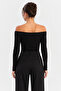 Women's Black Boat Neck Accessory Detailed Low-Cut Long Sleeve Slim Fit Blouse - 6