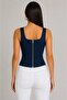 Retro Denim Lace-Up Corset – Navy Blue - 6