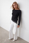 Women's Black Asymmetrical Cut Lace Blouse with Gathered Sides Alc-X15603 - 3