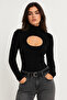 Women's Black Turtleneck Low-Cut Long Sleeve Slim Fit Blouse