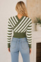 Women's Double Breasted Collar Long Sleeve Elastic Waist Cross Striped Short Crop Mint White Knitwear Sweater - 3