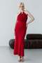 Red Degaje Collar Long Dress with Gold Accessory Detail