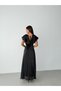 Black Double-Breasted Collar Long Dress with Flywheel Sleeves - 6