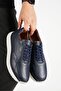 Genuine Leather Men's Walking Shoes Casual Comfort Lace-Up Orthopedic Daily Comfortable Sole Navy Blue Sneaker Palermo - 3
