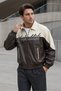 Men's New Season Color-Blocked Oversize Quilted Bomber Leather Jacket - Brown