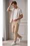 Men's Beige Elastic Waist Lace-Up Straight-Leg Jogger Relaxed Fit Trousers - 6