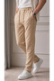 Men's Beige Elastic Waist Lace-Up Straight-Leg Jogger Relaxed Fit Trousers