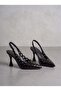 Black Crinkled Patent Leather Pointed Toe Slingback Heeled Shoes Laser Cut Wavy Edge Goblet Heel Stylish - 2