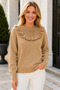 Women's Round Neck Long Sleeve Ruffled Collar Mesh Detailed Transparent Stylish Casual Camel Knitwear Sweater - 6