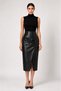 Black High-Neck Fitted Draped Slit Faux Leather Midi Dress - 2