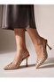 Beige Wrinkled Patent Leather Pointed Toe Slingback Heeled Shoes Laser Cut Wavy Edge Goblet Heel Davet - 5