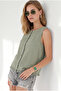 Women's Khaki Accessory Buttoned Fringed Flam Cotton Blouse Blz-19003398 - 2