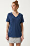 3-Pack V-Neck Basic Viscose T-Shirt Lrn0069 Dark Blue Dark Pink Ecru - 3