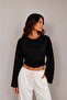 1036 women's side smocked spanish sleeve crew neck short blouse black