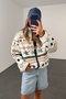 Ecru Geometric Patterned Fleece Jacket 22888 - 3
