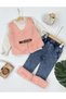 Lined Leather Belt Detailed Plush Vest, Flexible Cotton Bodysuit and Fuzzy Lycra Jeans, 3-Piece Baby Girl Set - 3