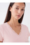 Alita City with a Difference of Color, Lcw Everyday Pink Ribbed Plain V-Neck Short Sleeve Women's Blouse - 3