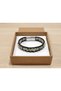 Fenrali Sage Black Leather Men's Bracelet - Green Gray Beads and Weave Detail - 2