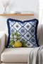Blue Ceramic Tile and Lemon Blossom Patterned Fringed Cushion Cover - 3