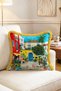 Colorful Town Square Cafe and Tree View Fringed Cushion Cover - 2