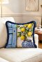 Mediterranean Blue Wooden Door Lemon and Vase Patterned Fringed Throw Pillow Cover - 2