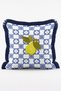 Blue Tile Patterned Square Fringed Cushion Cover with Yellow Quince Motif