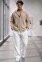 Men's Beige Wrinkled Fabric Shirt White Trousers Set