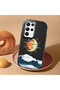 Samsung Galaxy S22 Ultra Compatible Retro Style Sun Moon Sea Wave Pattern Shock Absorbing Black Silicone Case with Camera Protection - 2