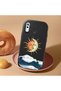 Samsung Galaxy A20 Compatible Retro Style Sun Moon Sea Wave Pattern Shock Absorbing Black Silicone Case with Camera Protection - 2