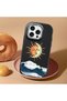 iPhone 15 Pro Max Compatible Retro Style Sun Moon Sea Wave Pattern Shock Absorbing Black Silicone Case with Camera Protection - 3
