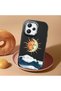 Redmi 12 4G/5G Compatible Retro Style Sun Moon Sea Wave Pattern Shock Absorbing Black Silicone Case with Camera Protection - 3