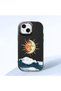 iPhone 15 Compatible Retro Style Sun Moon Sea Wave Pattern Shock Absorbing Black Silicone Case with Camera Protection