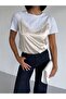 Women's Beige Short Sleeve Crew Neck Satin Ruched Blouse