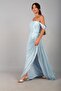 Women's Strapless Lace Detailed Collar Low Sleeve Lined Draped Crinkle Satin Long Dress - 2